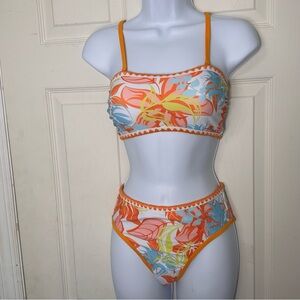 NWT Cupshe tropical leaf print shell stitched bandeau‎ , hipster bikini size XS